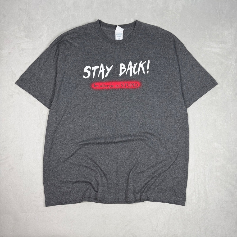 Y2K Mens Alstyle Stay Back Im Allergic To‎ Stupid Graphic T-Shirt Charcoal 2XL